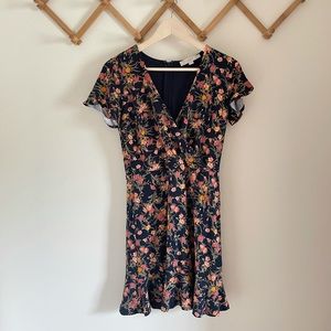 LOFT floral dress with flutter sleeve, ruffled hem
